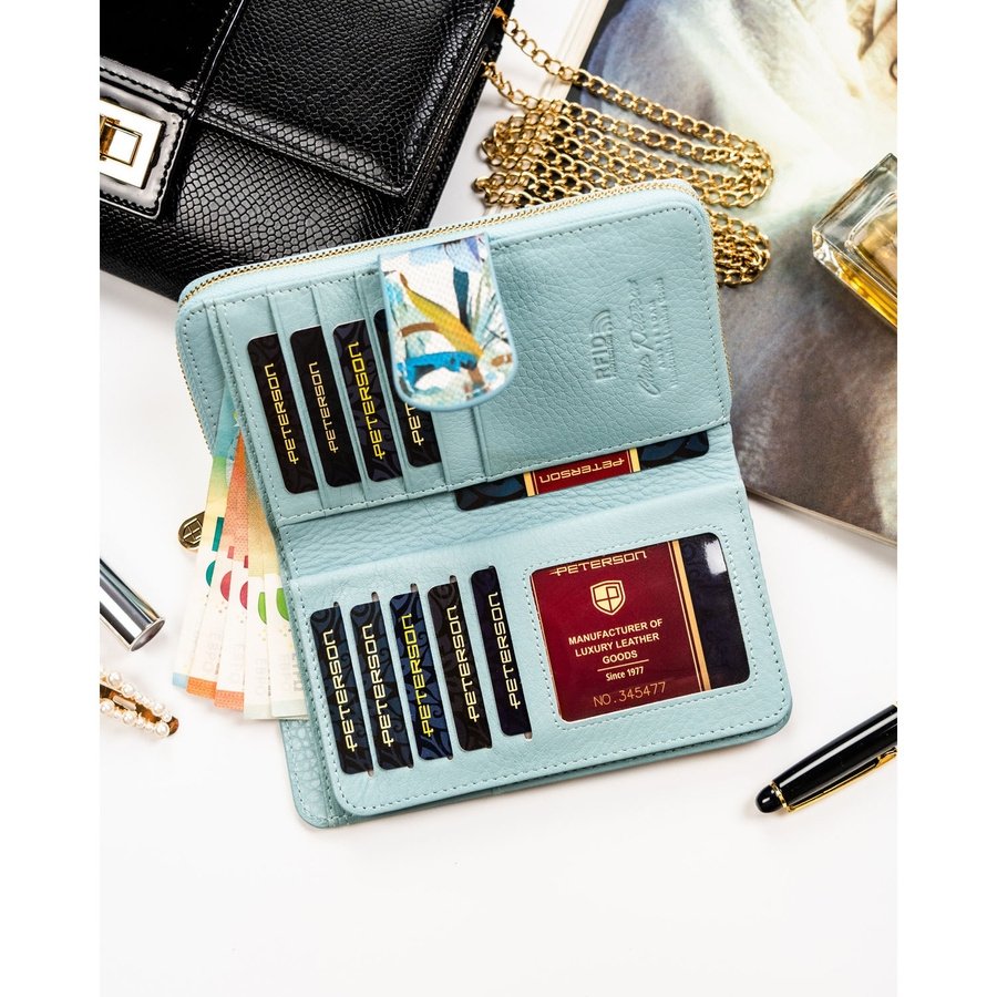 Голям дамски портфейл-моливник от естествена кожа с флорален мотив - Peterson