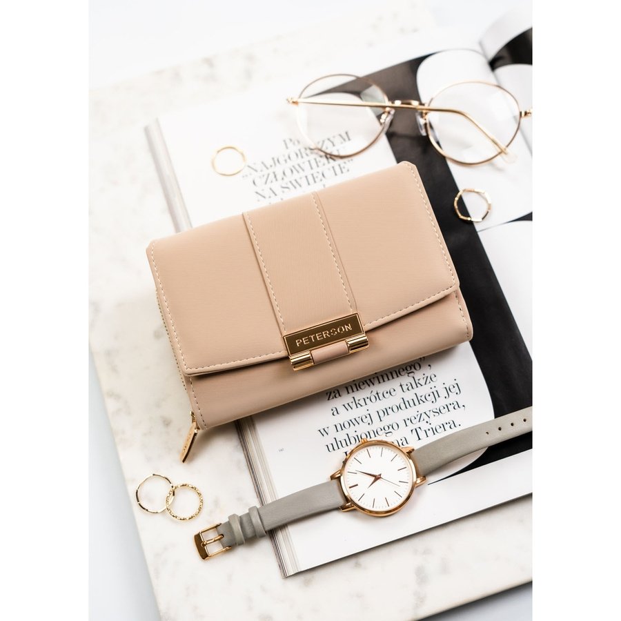  Бежов дамски портфейл от еко кожа с леко оребрена текстура - Peterson