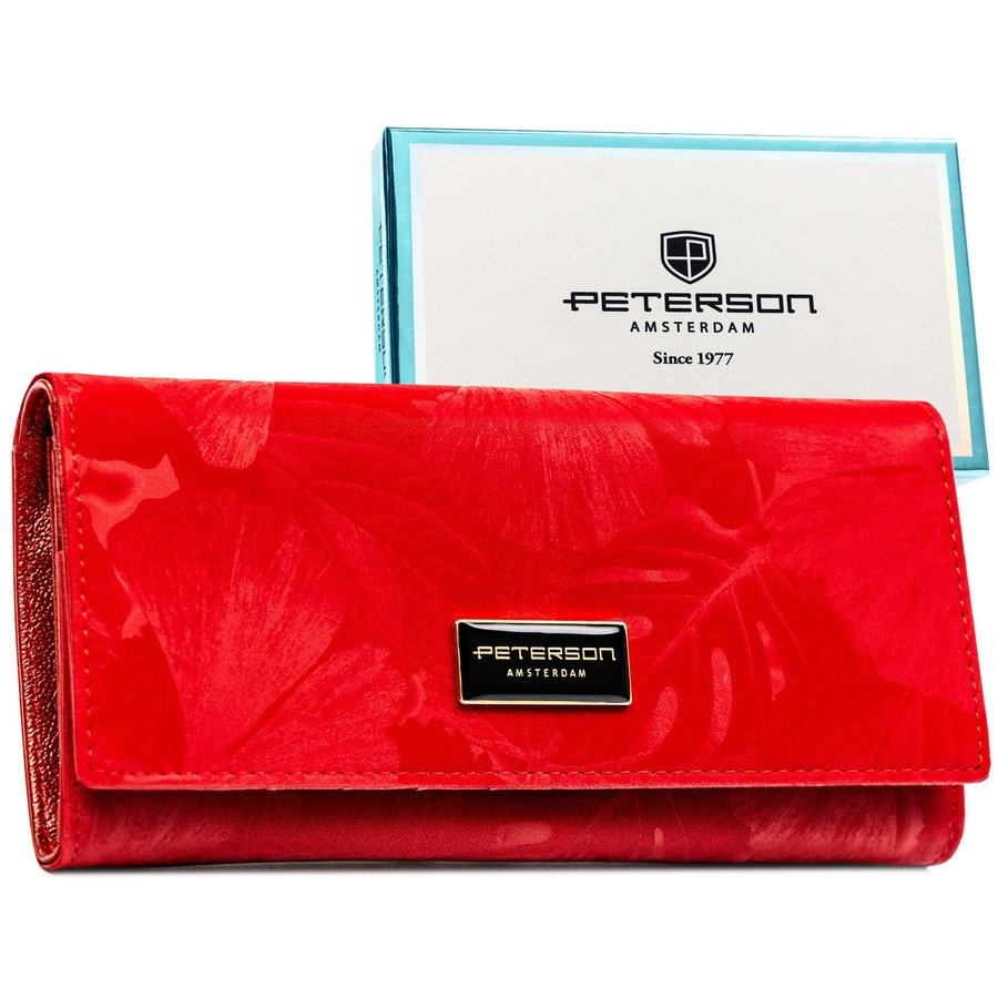 Голям, червен дамски портфейл, изработен от естествена и еко кожа с копче тип „тик-так“ - Peterson