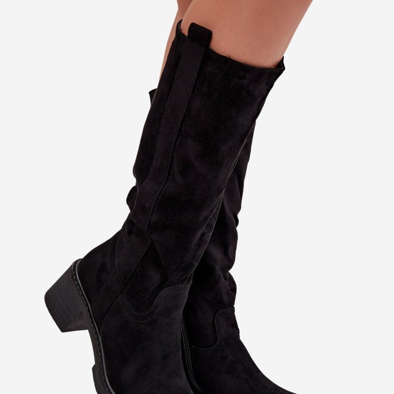 Дамски черни ботуши от еко велур