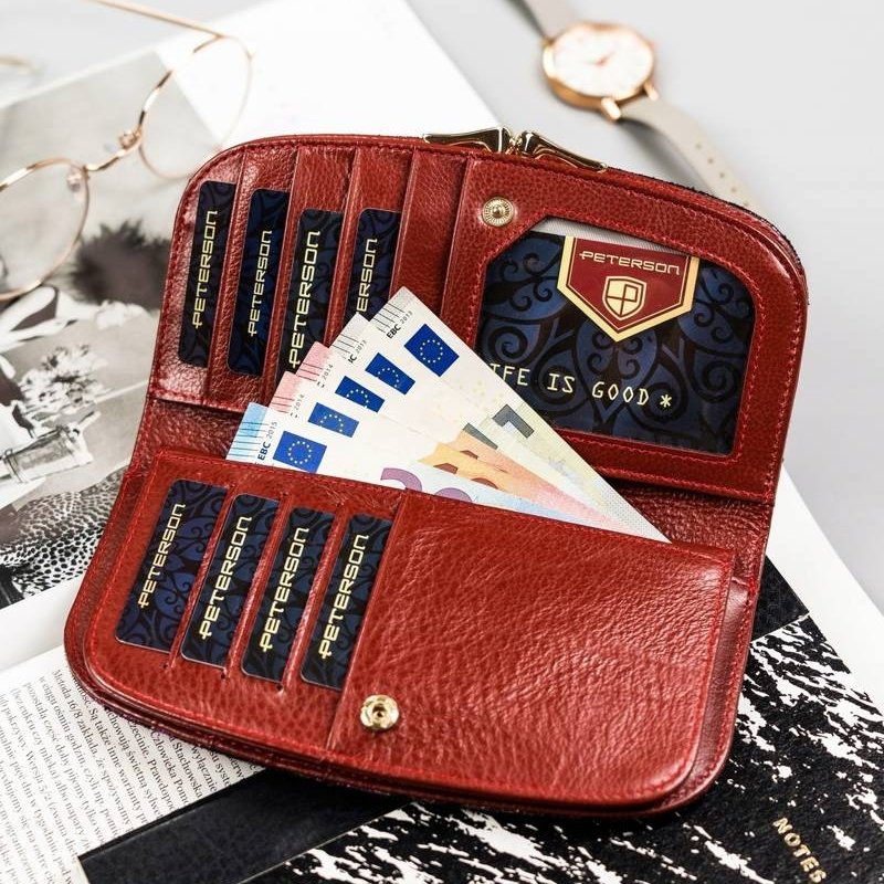 Голям, просторен портфейл от естествена кожа с флорален мотив - Peterson