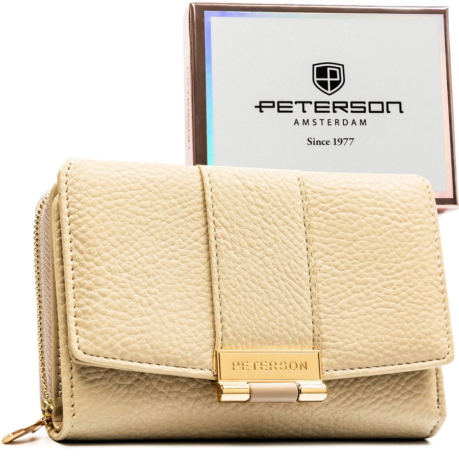 Бежов дамски портфейл, изработен от еко кожа с текстура на грахово зърно, със закопчаване с тик-так - Peterson