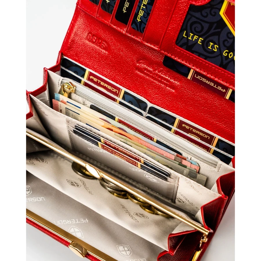 Червен дамски портфейл, изработен от естествена и еко кожа с копче тип „тик-так“ - Peterson