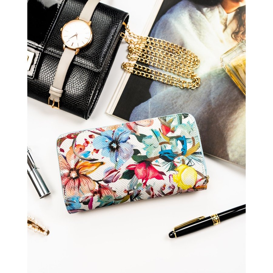 Голям дамски портфейл-моливник от естествена кожа с флорален мотив - Peterson