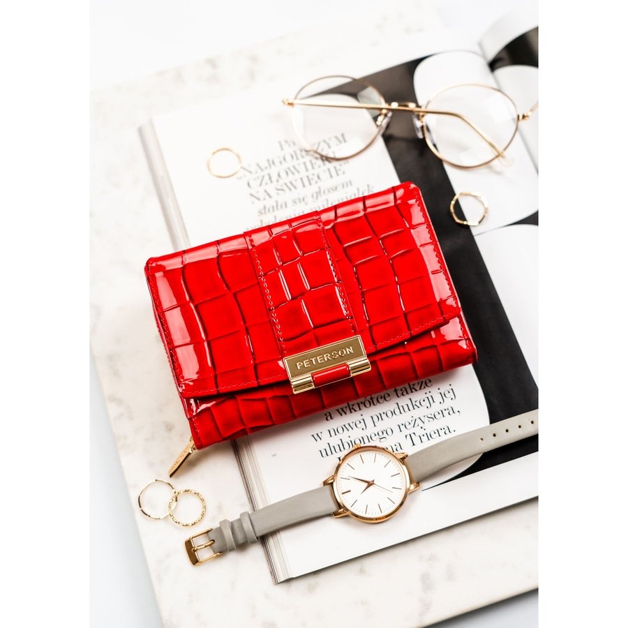 Дамски портфейл, изработен от червена еко кожа с релефен крокодилски мотив - Peterson