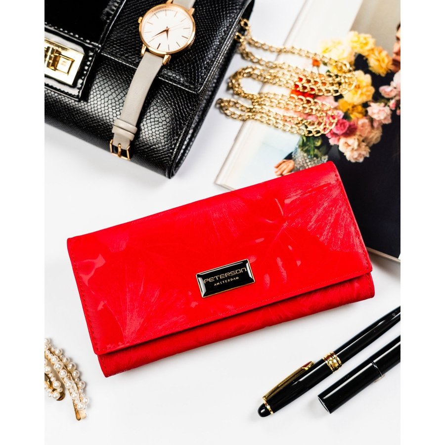 Голям, червен дамски портфейл, изработен от естествена и еко кожа с копче тип „тик-так“ - Peterson