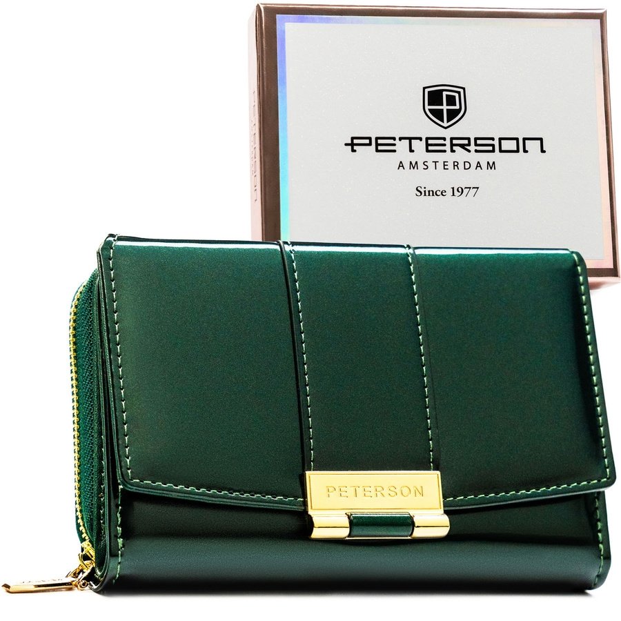Дамски хоризонтален портфейл, изработен от лачена зелена еко кожа, оборудван с RFID система - Peterson