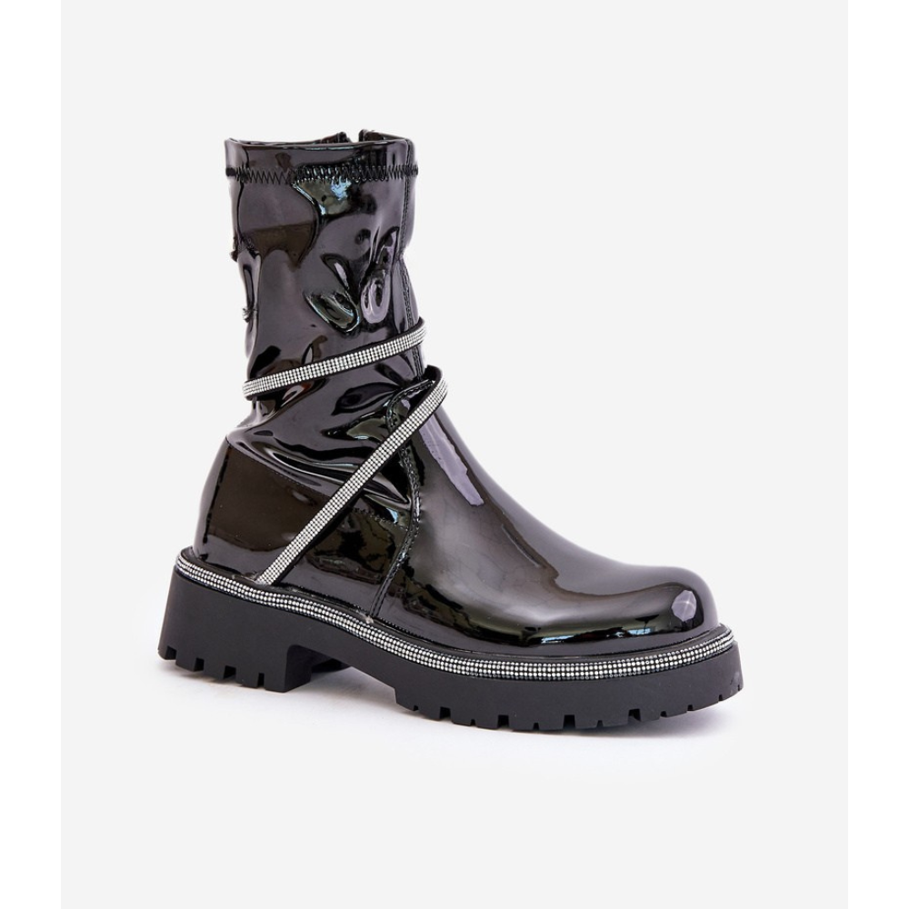 Дамски лачени боти еко кожа с блестяща декорация