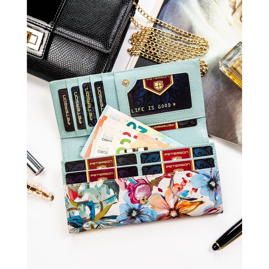 Дамски портфейл с флорален мотив, изработен от естествена кожа с RFID система - Peterson