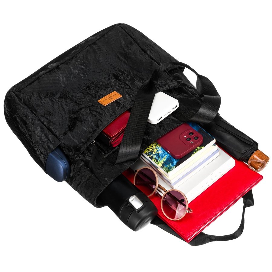 Голяма черна дамска чанта от полиестер с мраморен мотив, със закопчаване с цип - Rovicky