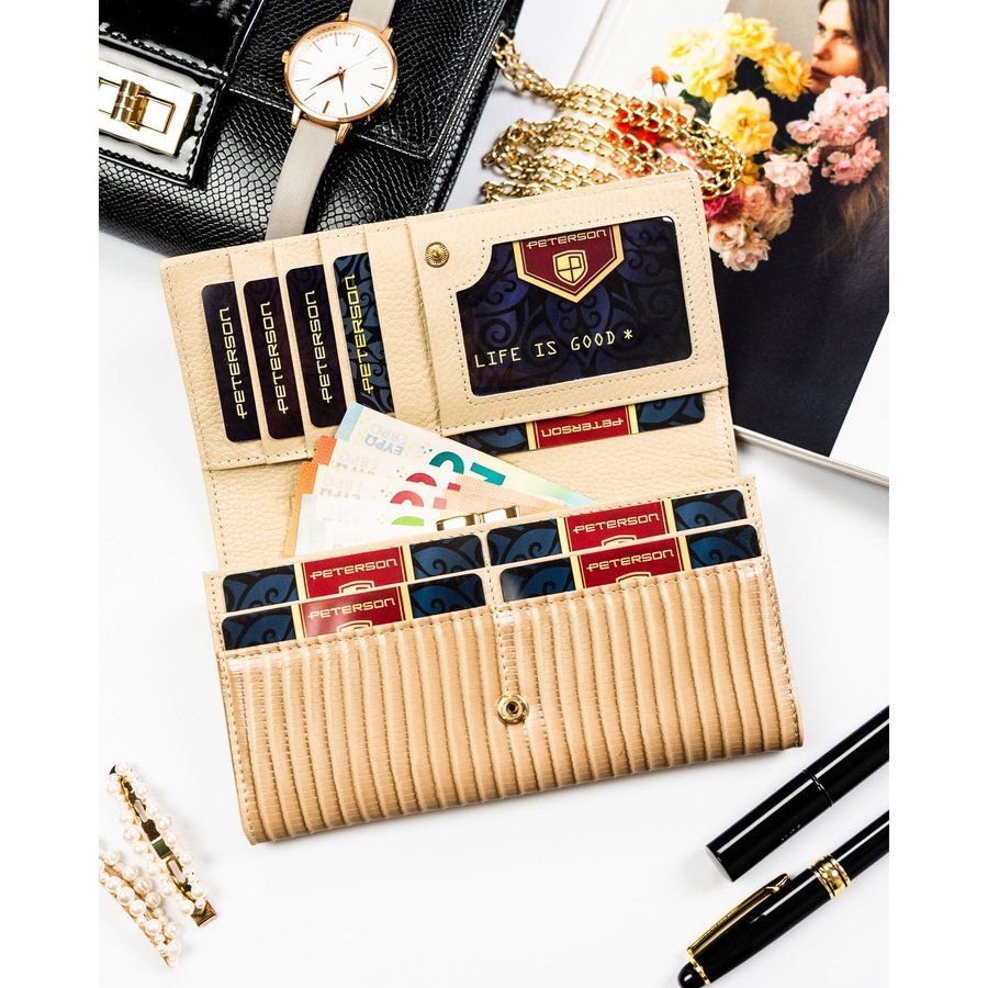 Бежов дамски портфейл, изработен от естествена и еко кожа с копче тип „тик-так“ и плетен модел - Peterson