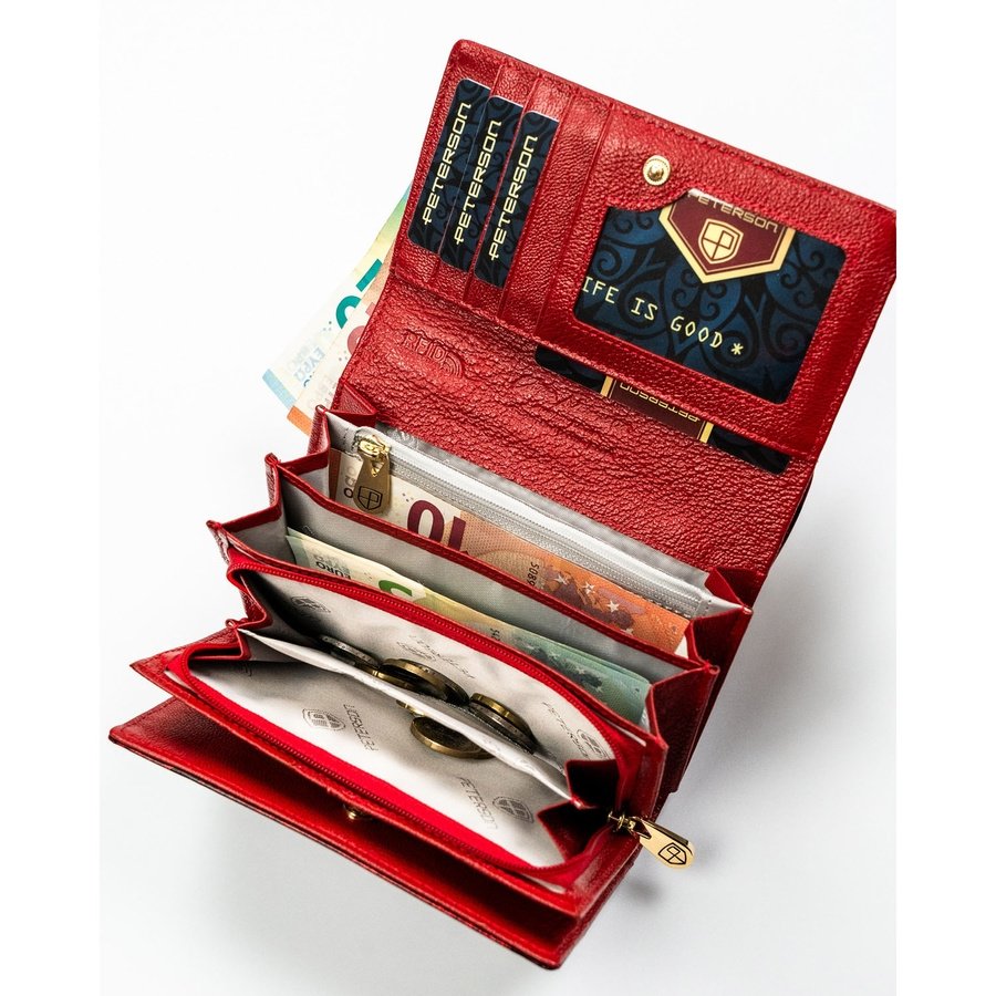 Лачена кожа, червен дамски портфейл с флорален мотив, изработен от естествена и еко кожа - Peterson