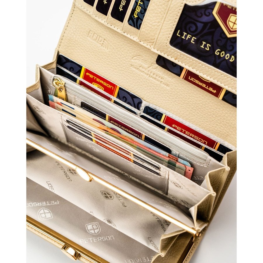 Бежов дамски портфейл, изработен от естествена и еко кожа с копче тип „тик-так“ и плетен модел - Peterson