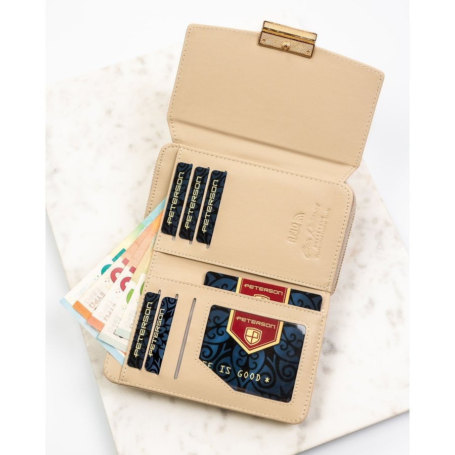 Бежов дамски портфейл, изработен от еко кожа с текстура на грахово зърно, със закопчаване с тик-так - Peterson