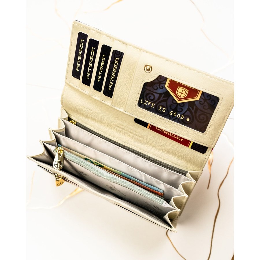 Дамски портфейл с флорален мотив, изработен от естествена и еко кожа, със закопчаване с тик-так копче - Peterson