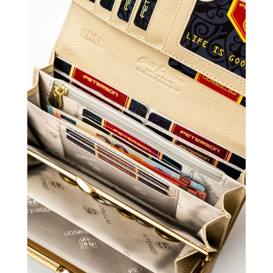 Бежов дамски портфейл, изработен от естествена и еко кожа с копче тип „тик-так“ - Peterson