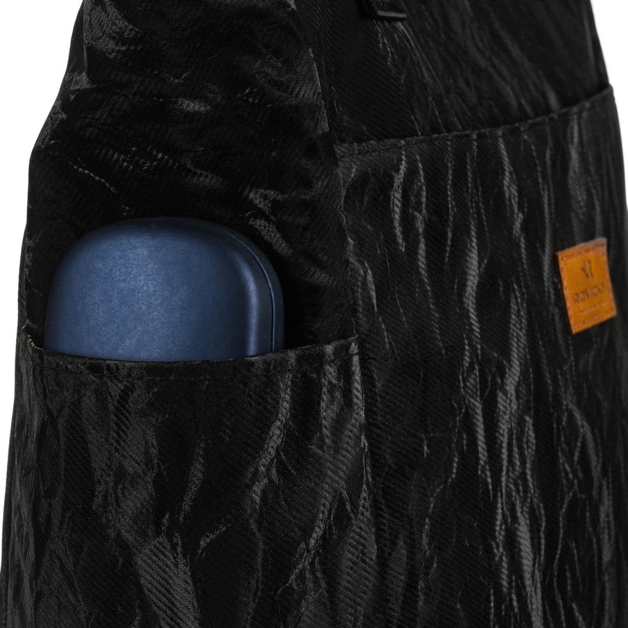 Голяма черна дамска чанта от полиестер с мраморен мотив, със закопчаване с цип - Rovicky