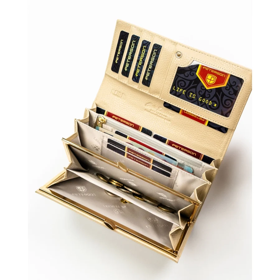 Бежов дамски портфейл, изработен от естествена и еко кожа с копче тип „тик-так“ - Peterson