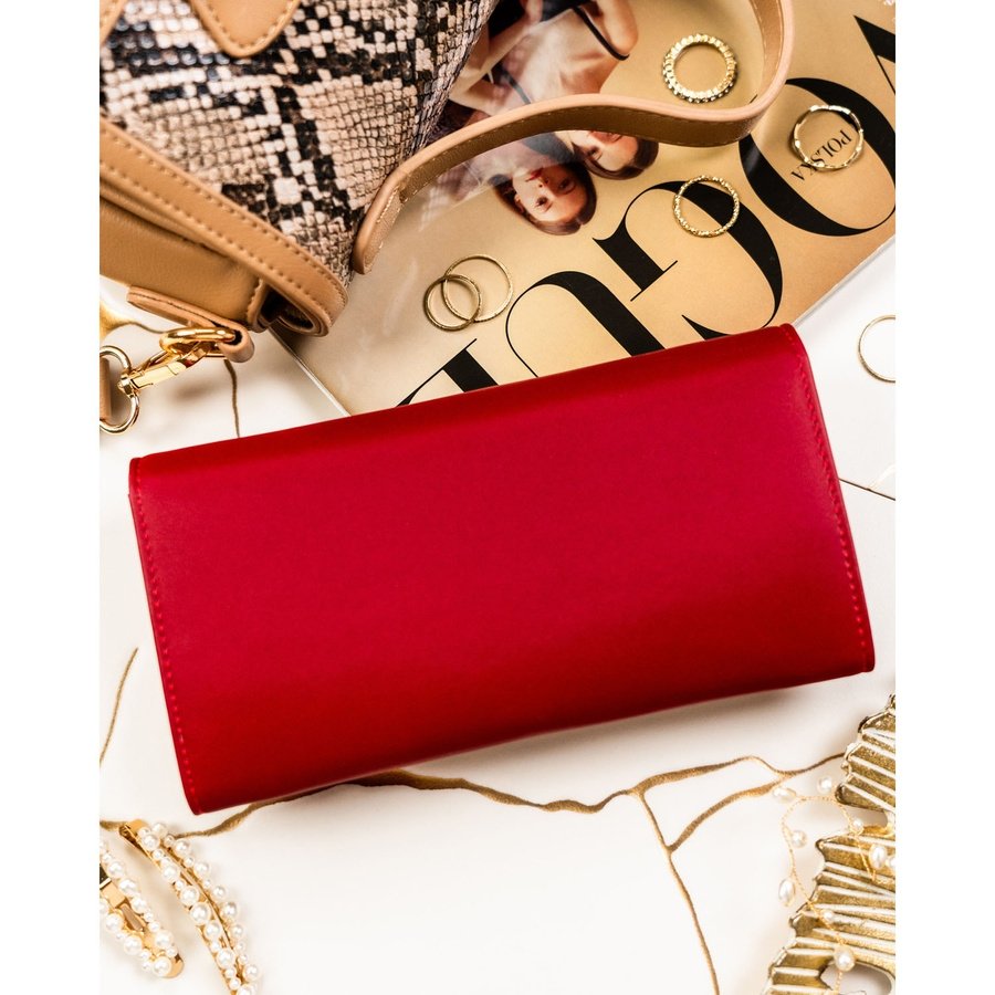 Червен дамски портфейл, изработен от естествена и еко кожа с копче тип „тик-так“ - Peterson