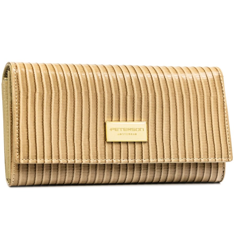 Бежов дамски портфейл, изработен от естествена и еко кожа с копче тип „тик-так“ и плетен модел - Peterson