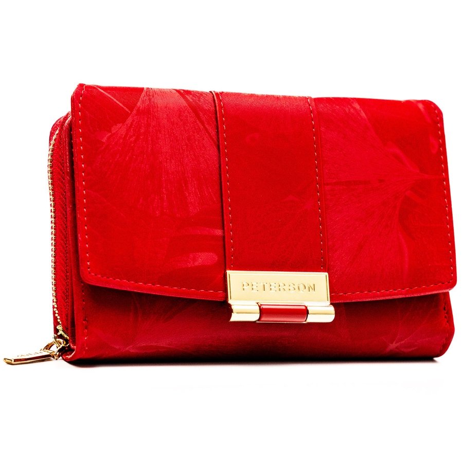 Портфейл от естествена и еко кожа в червен цвят и флорален мотив - Peterson