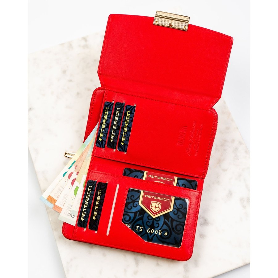 Портфейл от естествена и еко кожа в червен цвят и флорален мотив - Peterson