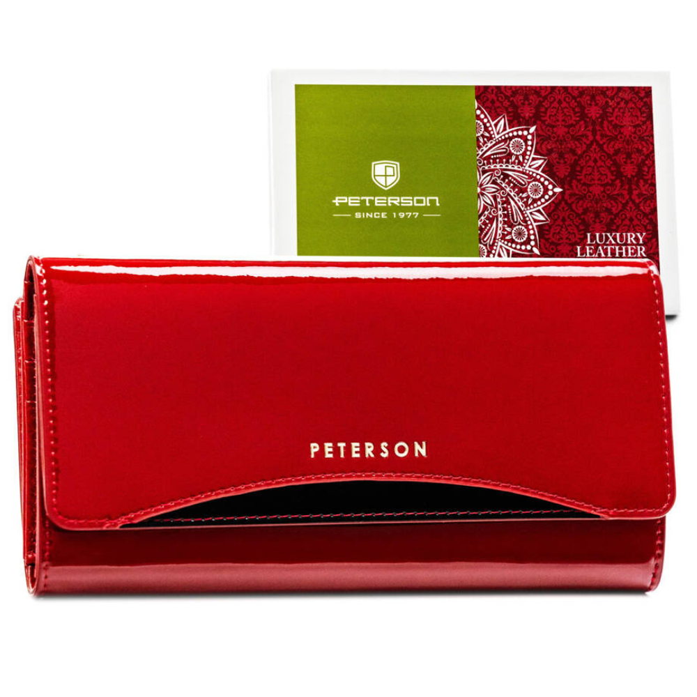 Лачена кожа, голям дамски портфейл в червено с RFID система - Peterson