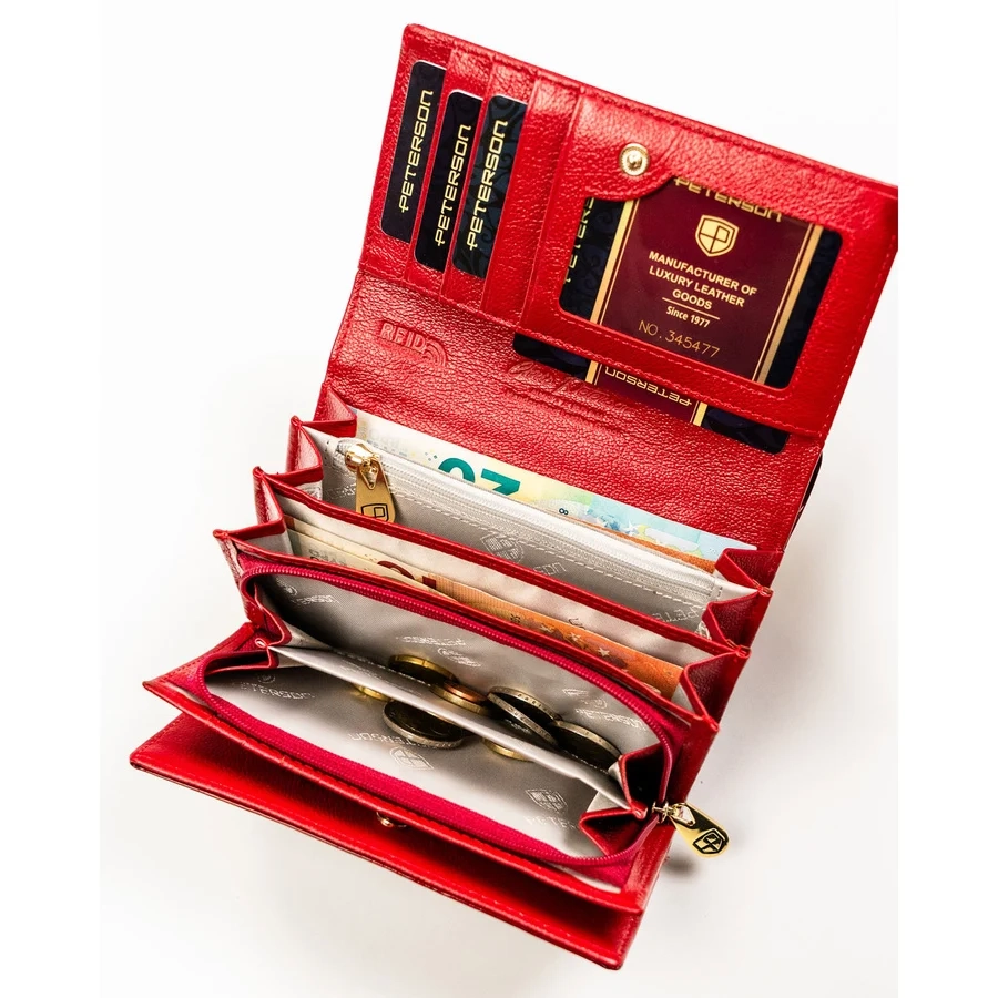 Червен дамски портфейл от лачена кожа с копче - Peterson