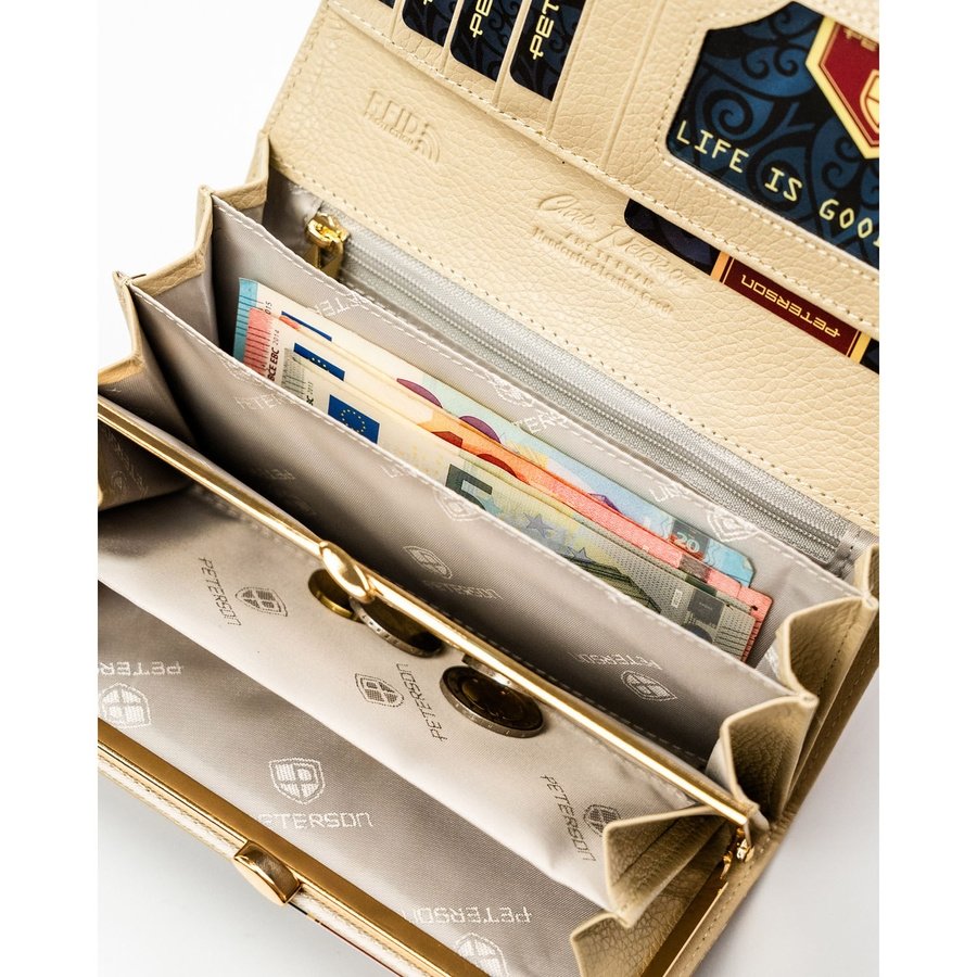 Бежов дамски портфейл, изработен от естествена и еко кожа с растителен мотив - Peterson
