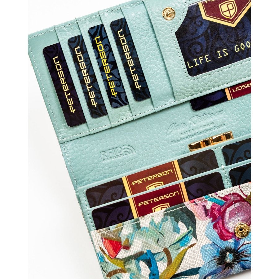 Дамски портфейл с флорален мотив, изработен от естествена кожа с RFID система - Peterson
