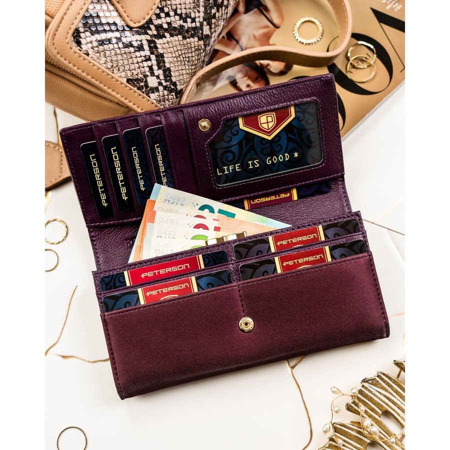 Дамски портфейл, изработен от естествена и еко кожа в лилав цвят със закопчаване с тик-так копче - Peterson