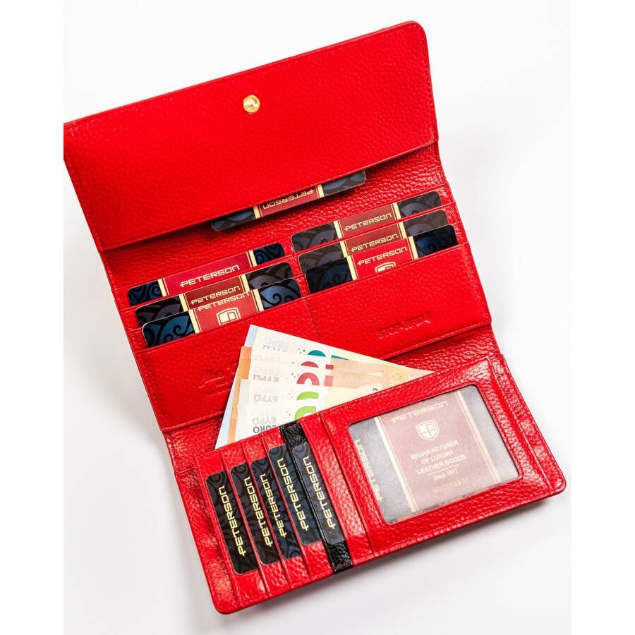 Лачена кожа, голям дамски портфейл в червено с RFID система - Peterson