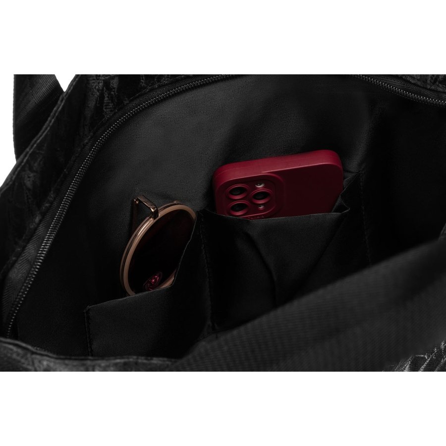 Голяма черна дамска чанта от полиестер с мраморен мотив, със закопчаване с цип - Rovicky