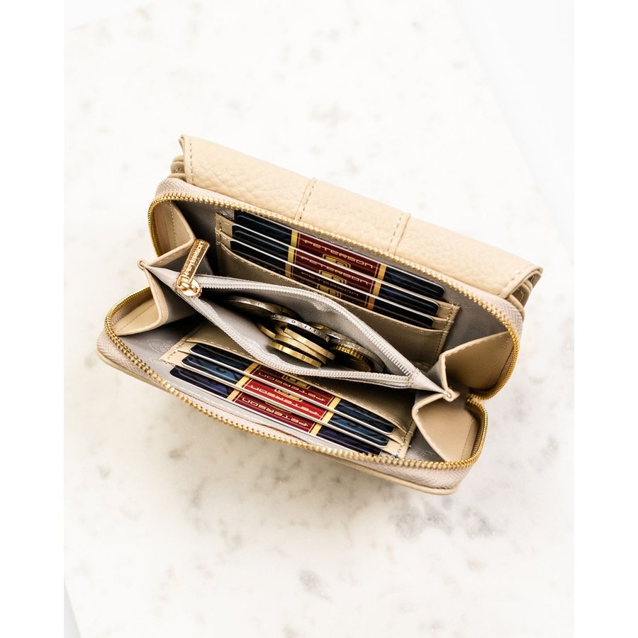 Бежов дамски портфейл, изработен от еко кожа с текстура на грахово зърно, със закопчаване с тик-так - Peterson