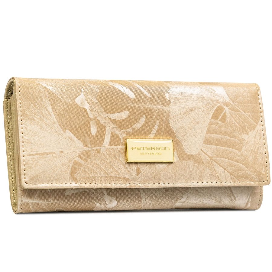 Бежов дамски портфейл, изработен от естествена и еко кожа с растителен мотив - Peterson