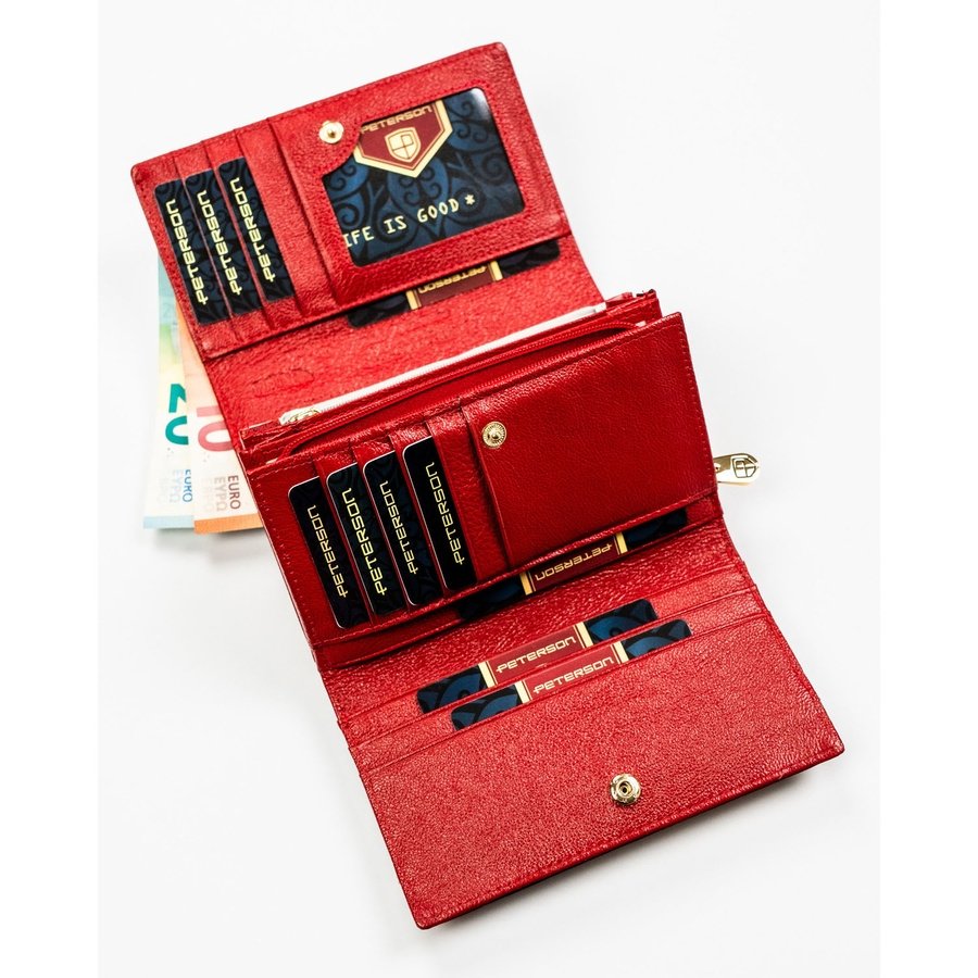 Лачена кожа, червен дамски портфейл с флорален мотив, изработен от естествена и еко кожа - Peterson