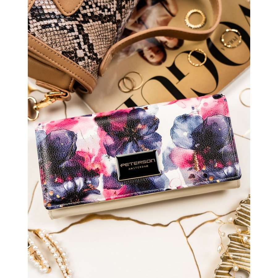 Дамски портфейл с флорален мотив, изработен от естествена и еко кожа, със закопчаване с тик-так копче - Peterson