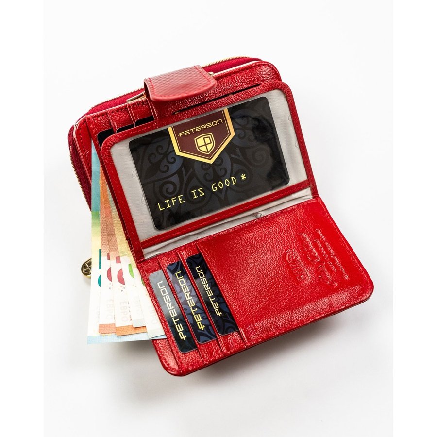 Елегантен, червен дамски портфейл от естествена кожа със система RFID - Peterson