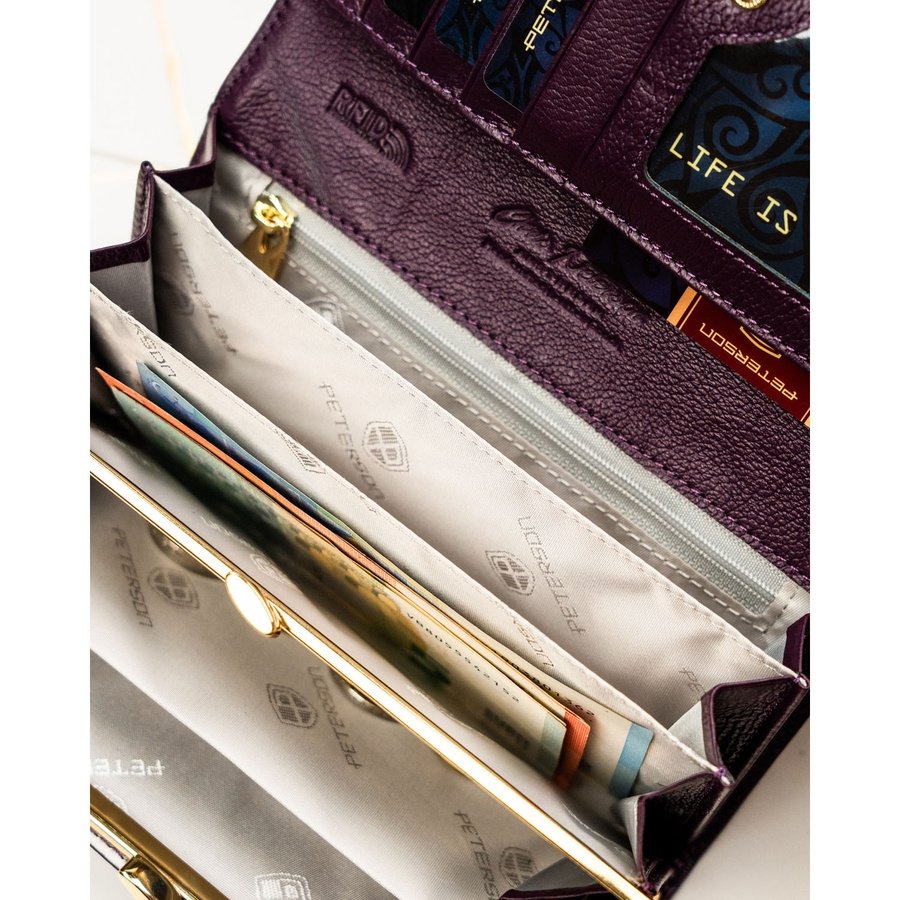 Дамски портфейл, изработен от естествена и еко кожа в лилав цвят със закопчаване с тик-так копче - Peterson