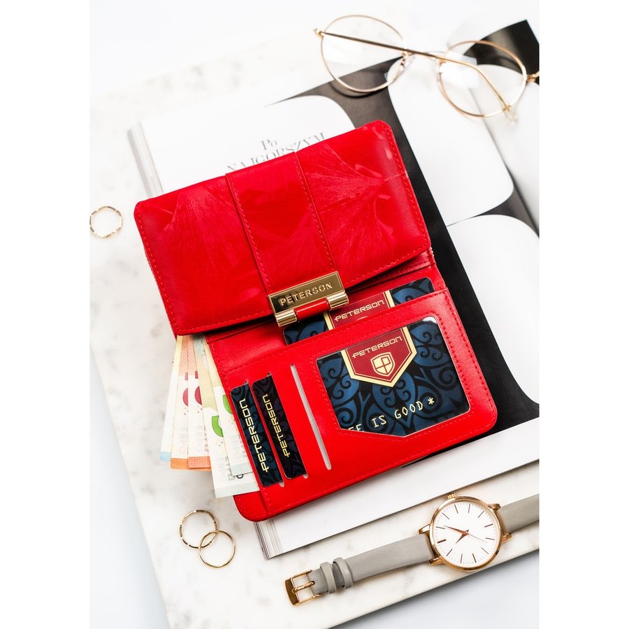 Портфейл от естествена и еко кожа в червен цвят и флорален мотив - Peterson