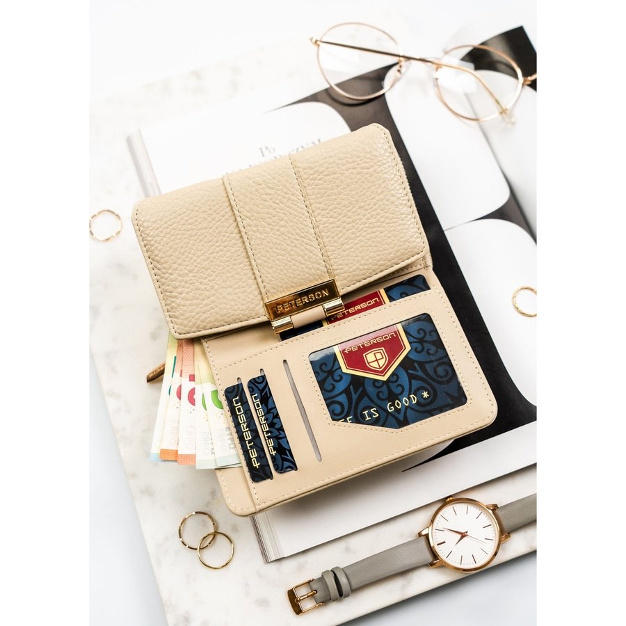 Бежов дамски портфейл, изработен от еко кожа с текстура на грахово зърно, със закопчаване с тик-так - Peterson