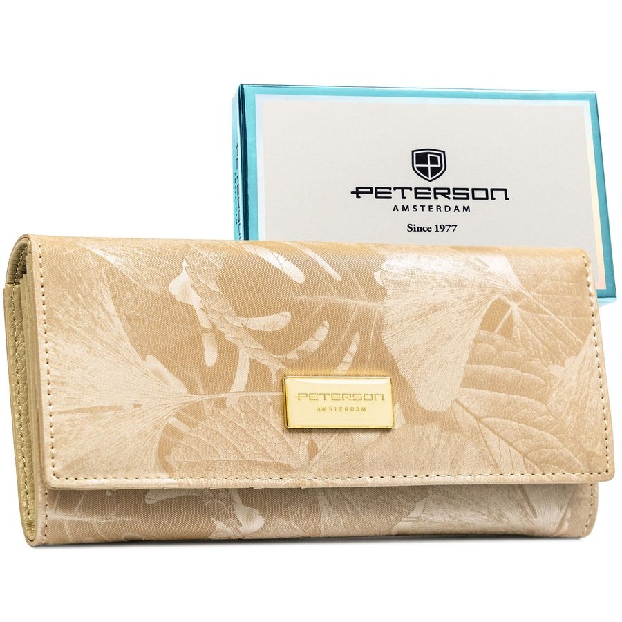 Бежов дамски портфейл, изработен от естествена и еко кожа с растителен мотив - Peterson