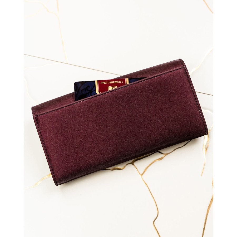 Дамски портфейл, изработен от естествена и еко кожа в лилав цвят със закопчаване с тик-так копче - Peterson