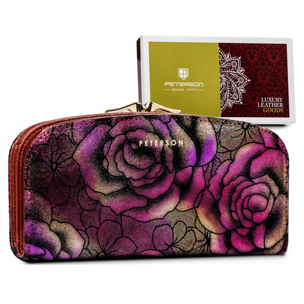 Голям, просторен портфейл от естествена кожа с флорален мотив - Peterson