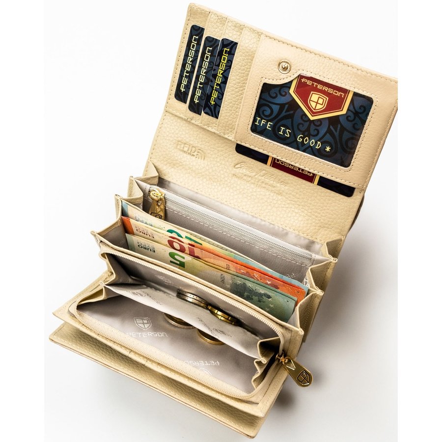 Голям дамски портфейл от естествена и еко кожа в бежово с външен джоб - Peterson