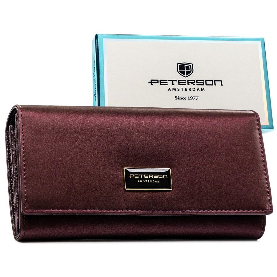 Дамски портфейл, изработен от естествена и еко кожа в лилав цвят със закопчаване с тик-так копче - Peterson