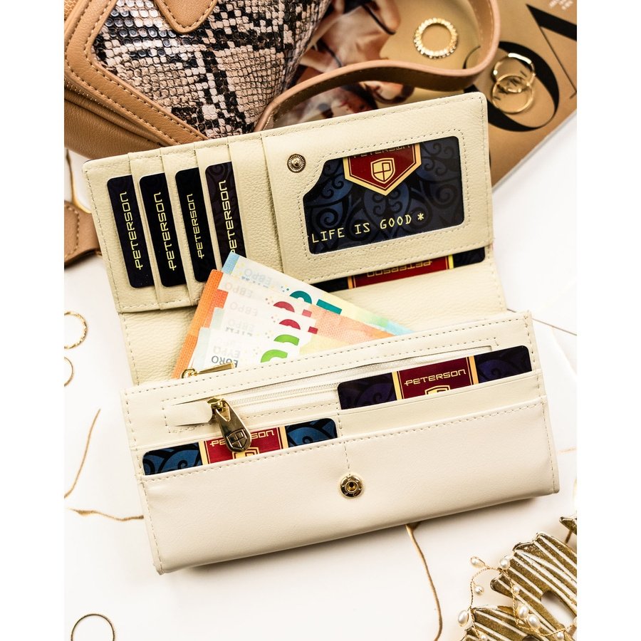 Дамски портфейл с флорален мотив, изработен от естествена и еко кожа, със закопчаване с тик-так копче - Peterson