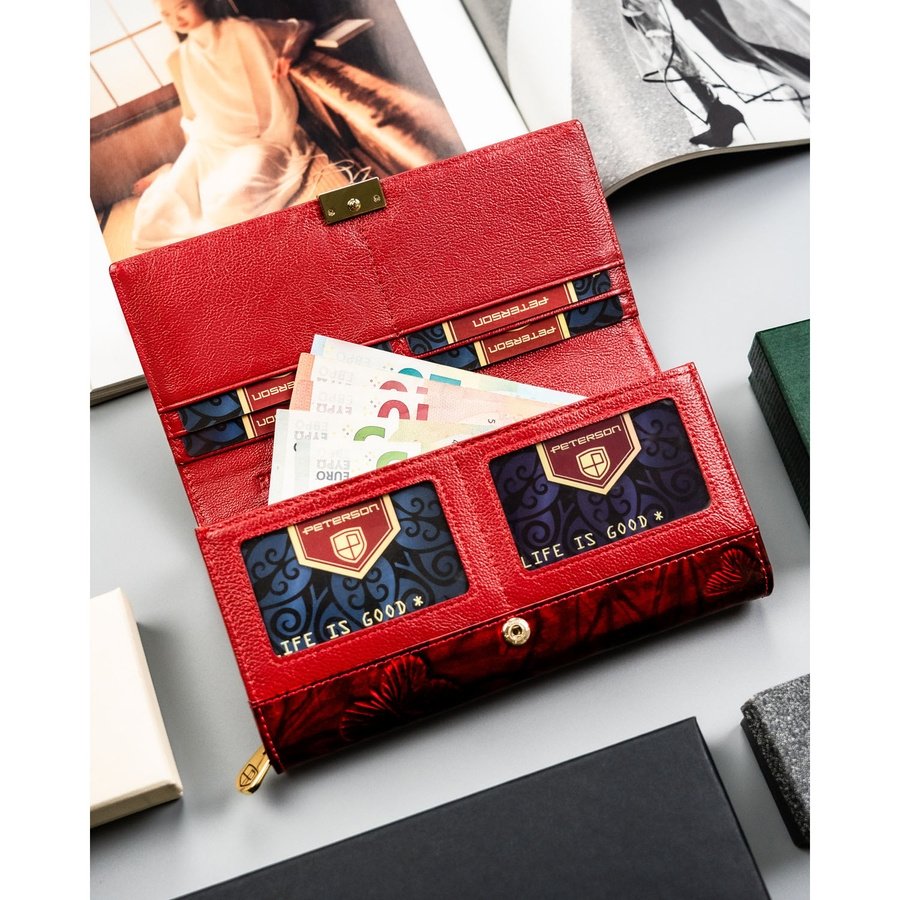 Елегантен дамски портфейл от естествена червена кожа - Peterson