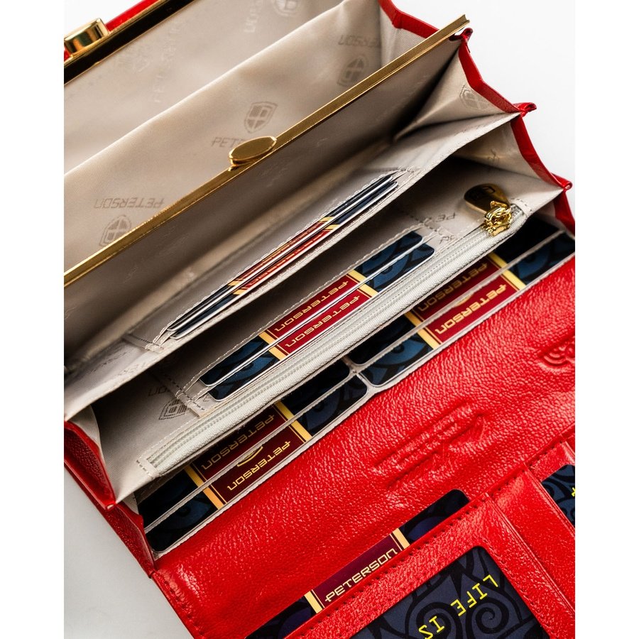 Червен дамски портфейл, изработен от естествена и еко кожа с копче тип „тик-так“ - Peterson