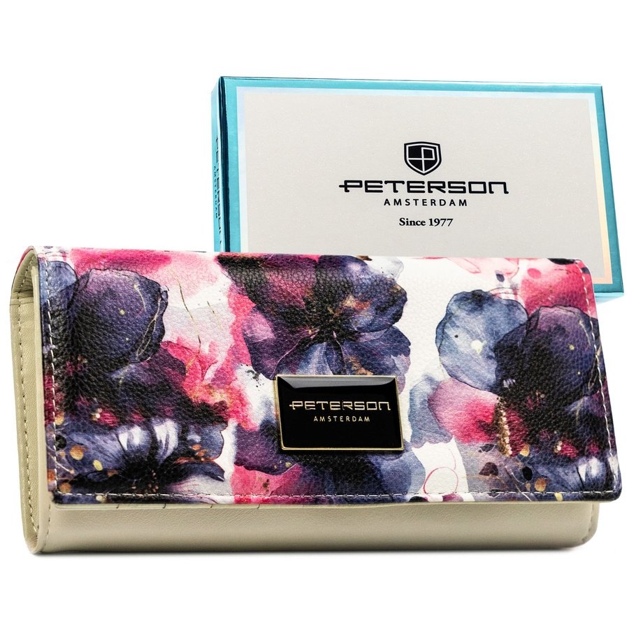Дамски портфейл с флорален мотив, изработен от естествена и еко кожа, със закопчаване с тик-так копче - Peterson